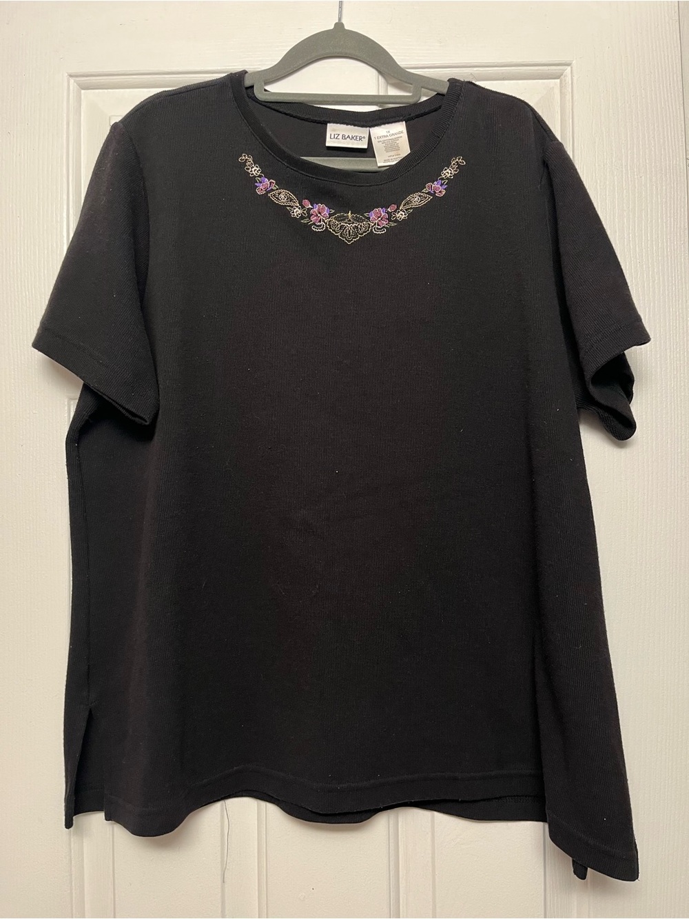 Liz Baker Black Top with Gold and Purple Embroidered Floral Yoke
